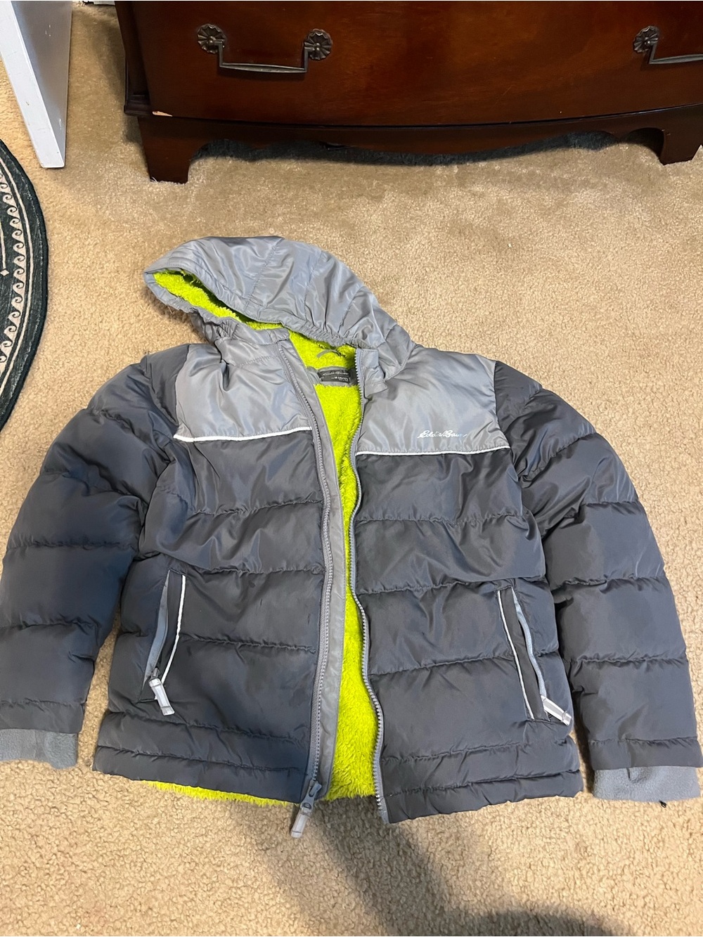 Eddie Bauer Gray Puffer Jacket with Lime Green Fleece Lining size 10/12